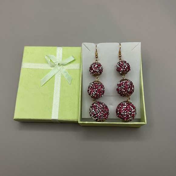 5230-PTT Boho SILVER/PINK CRYSTAL trim gold textured Balls Dangle Stud Earrings - Picture 3 of 9